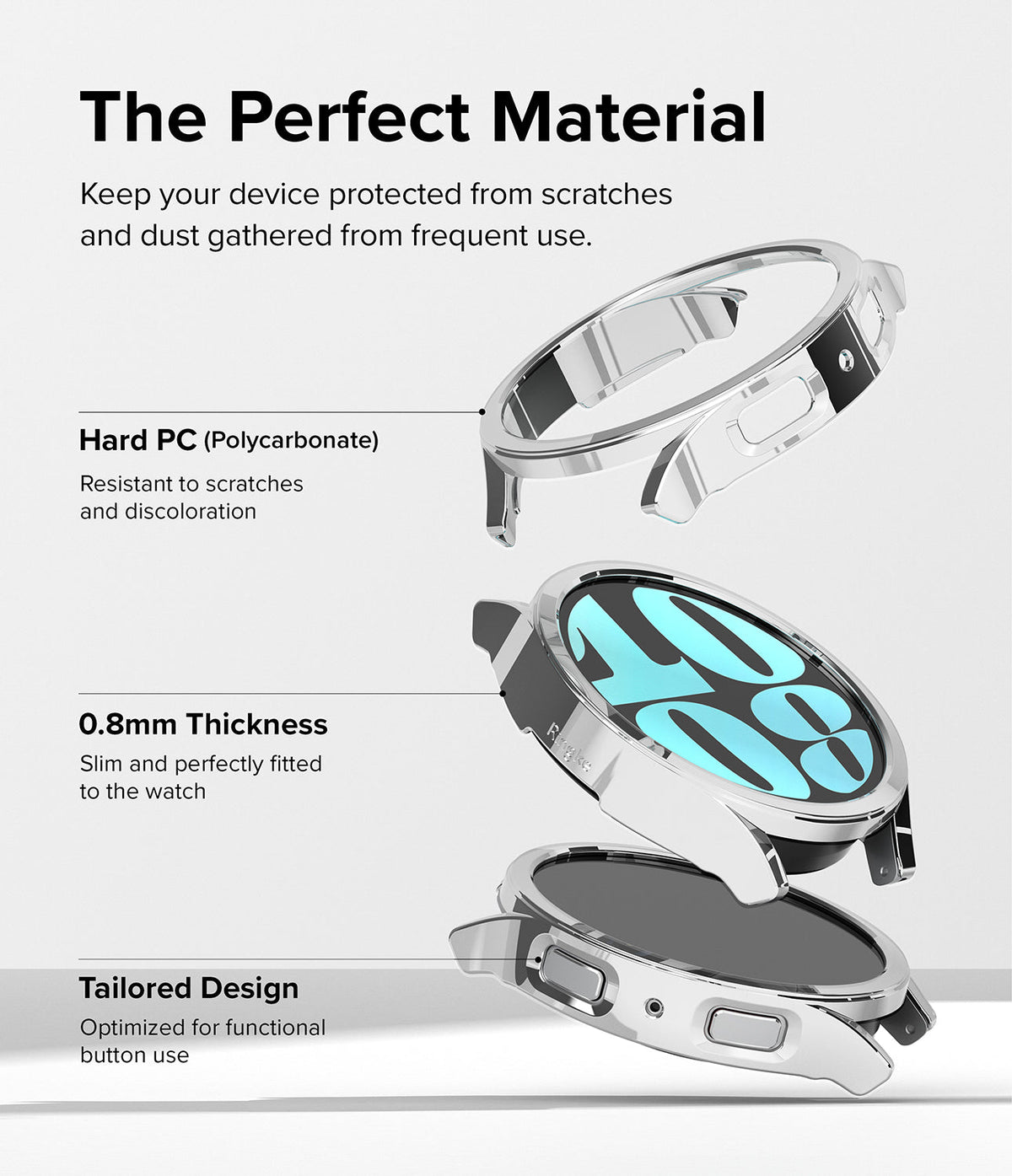 Galaxy Watch 6 44mm Case | Slim - Exploded view of a clear watch case highlighting polycarbonate material and slim fit.