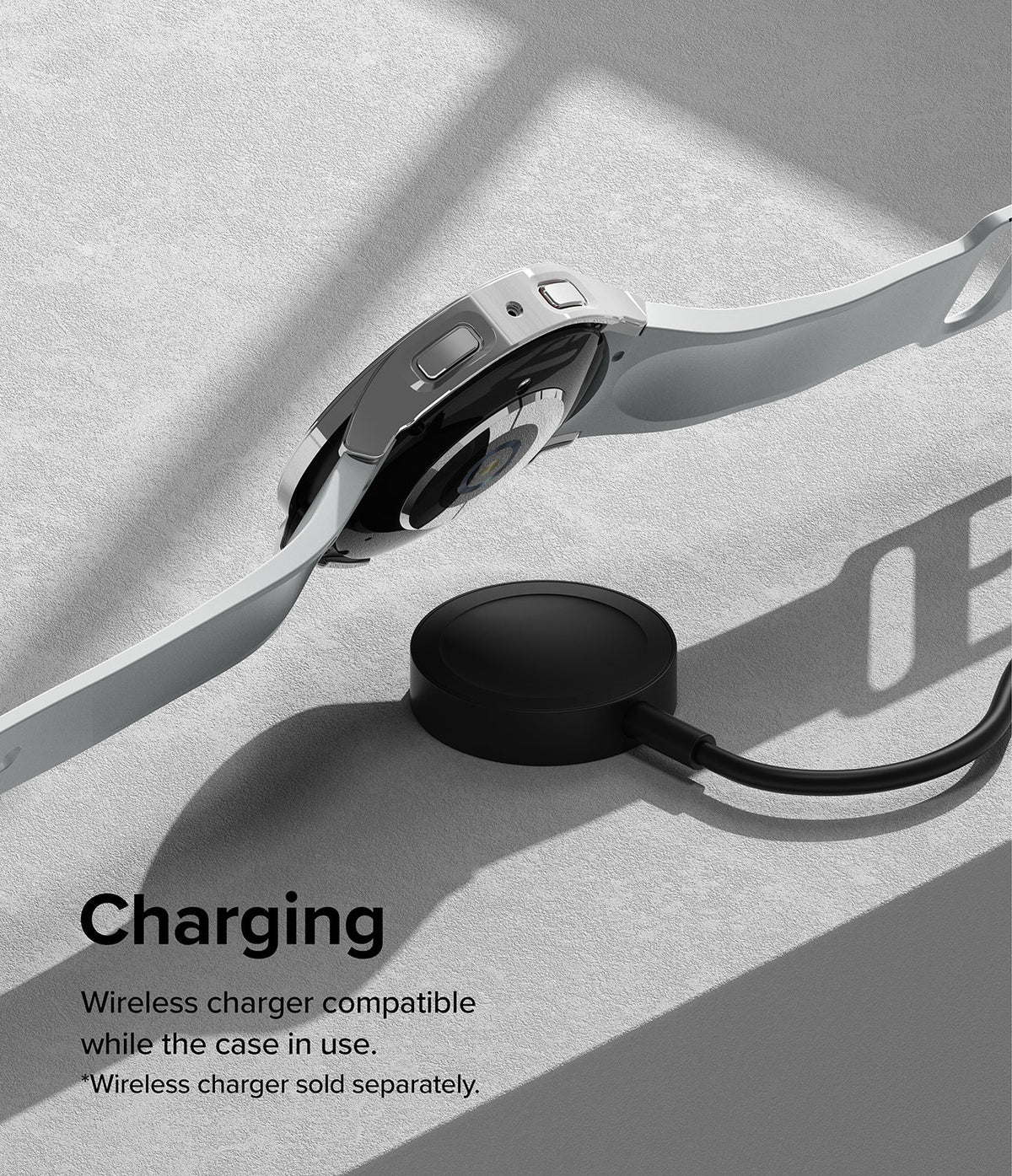 Galaxy Watch 6 44mm Case | Slim - A Galaxy Watch 6 with a slim case hovering above a black wireless charging puck.