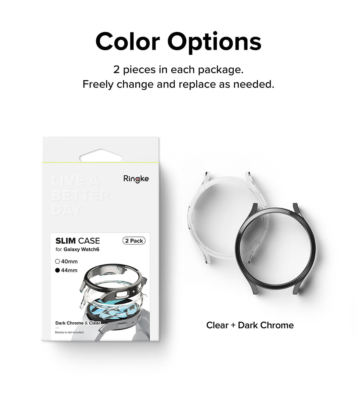 Galaxy Watch 6 44mm Case | Slim - Ringke 2-pack slim watch cases in clear and dark chrome finishes with product packaging.