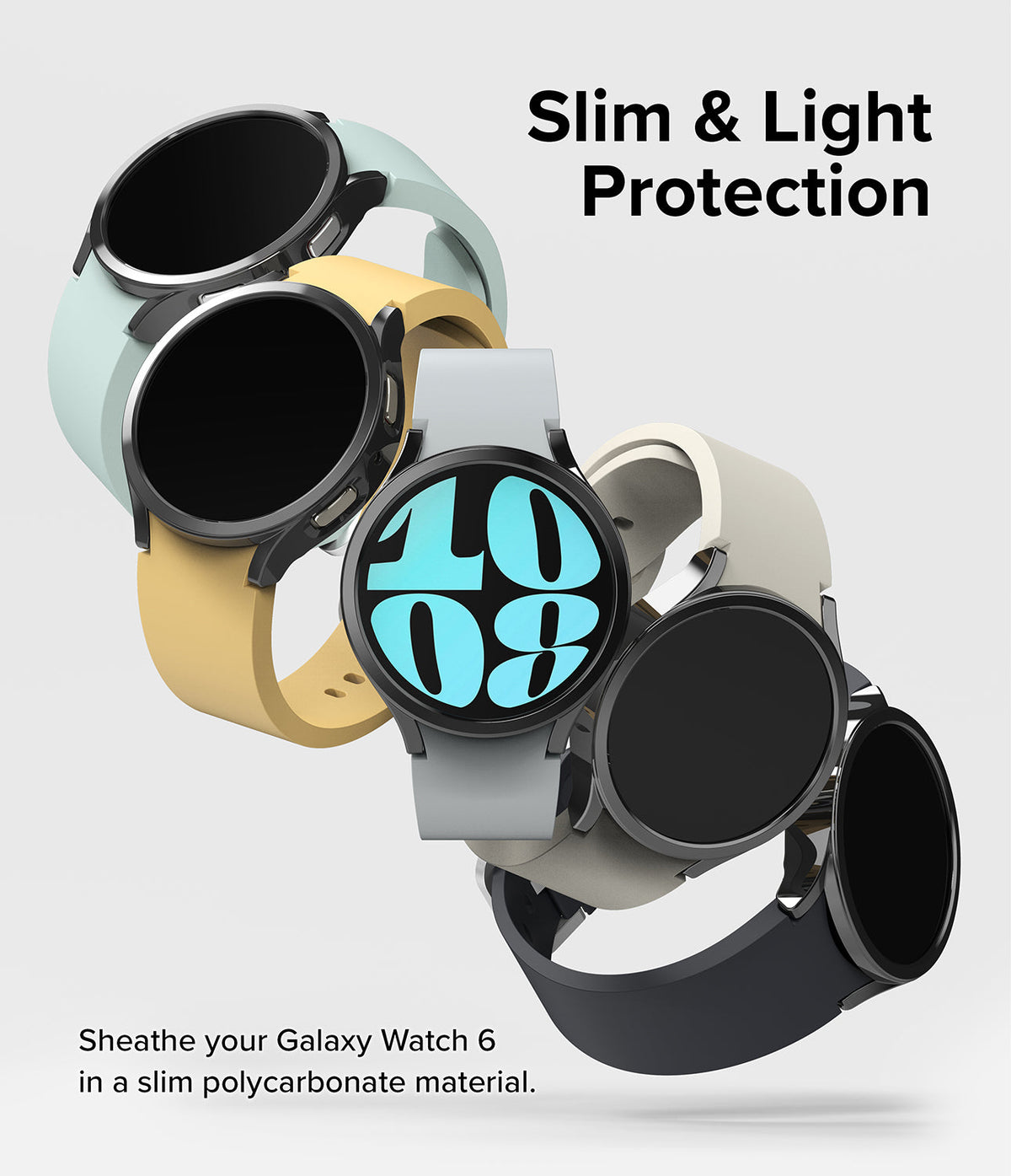 Galaxy Watch 6 40mm Case | Slim - Five Galaxy Watch 6 units in various colors floating against a light background.