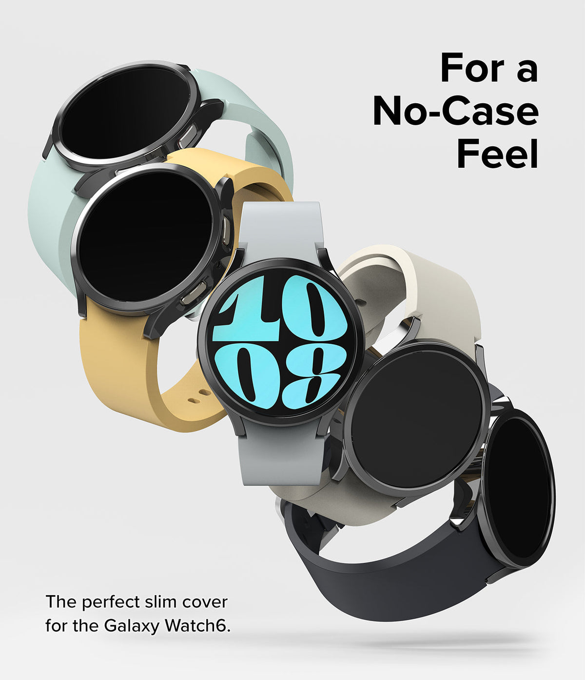 Galaxy Watch 6 44mm Case | Slim - Five Galaxy Watch 6 units with slim cases in various colors floating against a white background.
