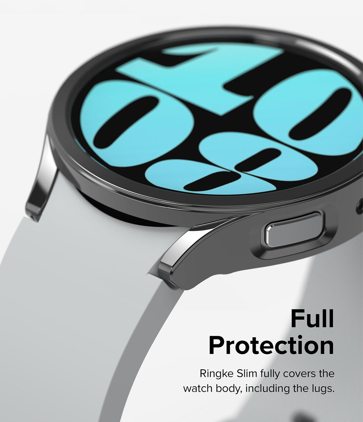 Galaxy Watch 6 40mm Case | Slim - Black slim protective case covering the watch body and lugs with a white strap.