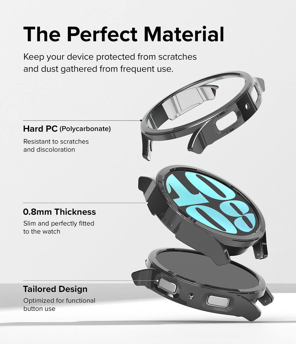 Galaxy Watch 6 44mm Case | Slim - Exploded view of a slim black watch case highlighting polycarbonate material and fit.