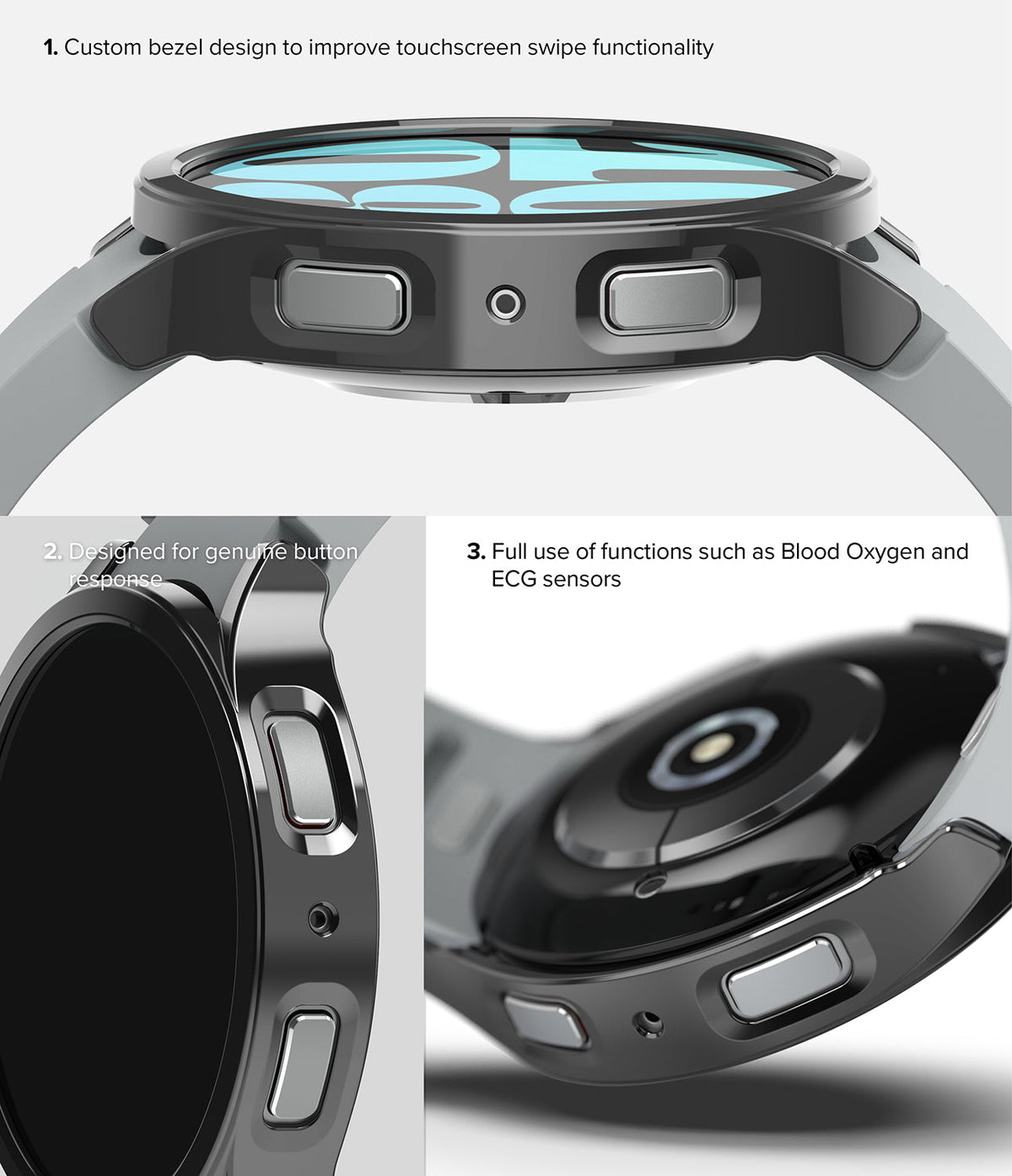 Galaxy Watch 6 40mm Case | Slim - Close-up views of a black watch case highlighting bezel, button access, and sensor cutouts.
