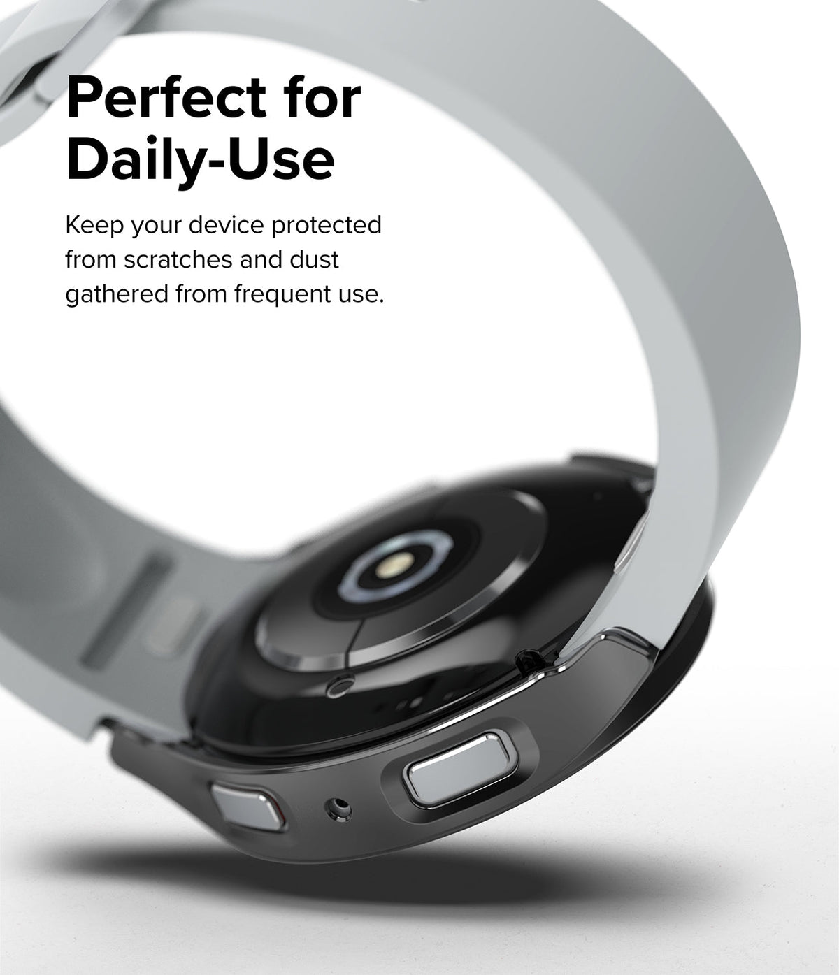 Galaxy Watch 6 40mm Case | Slim - Close-up of a black protective watch case on a Galaxy Watch with a light gray band.
