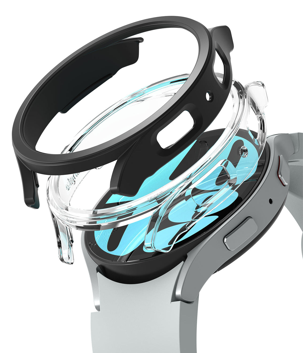 Galaxy Watch 6 40mm Case | Slim - Exploded view of a black protective bezel hovering above a clear case on a silver smartwatch.
