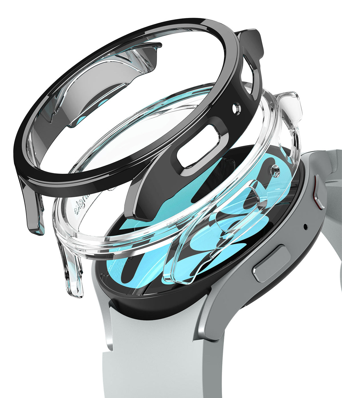 Galaxy Watch 6 44mm Case | Slim - Exploded view of a black protective watch case hovering above a silver Galaxy Watch 6.
