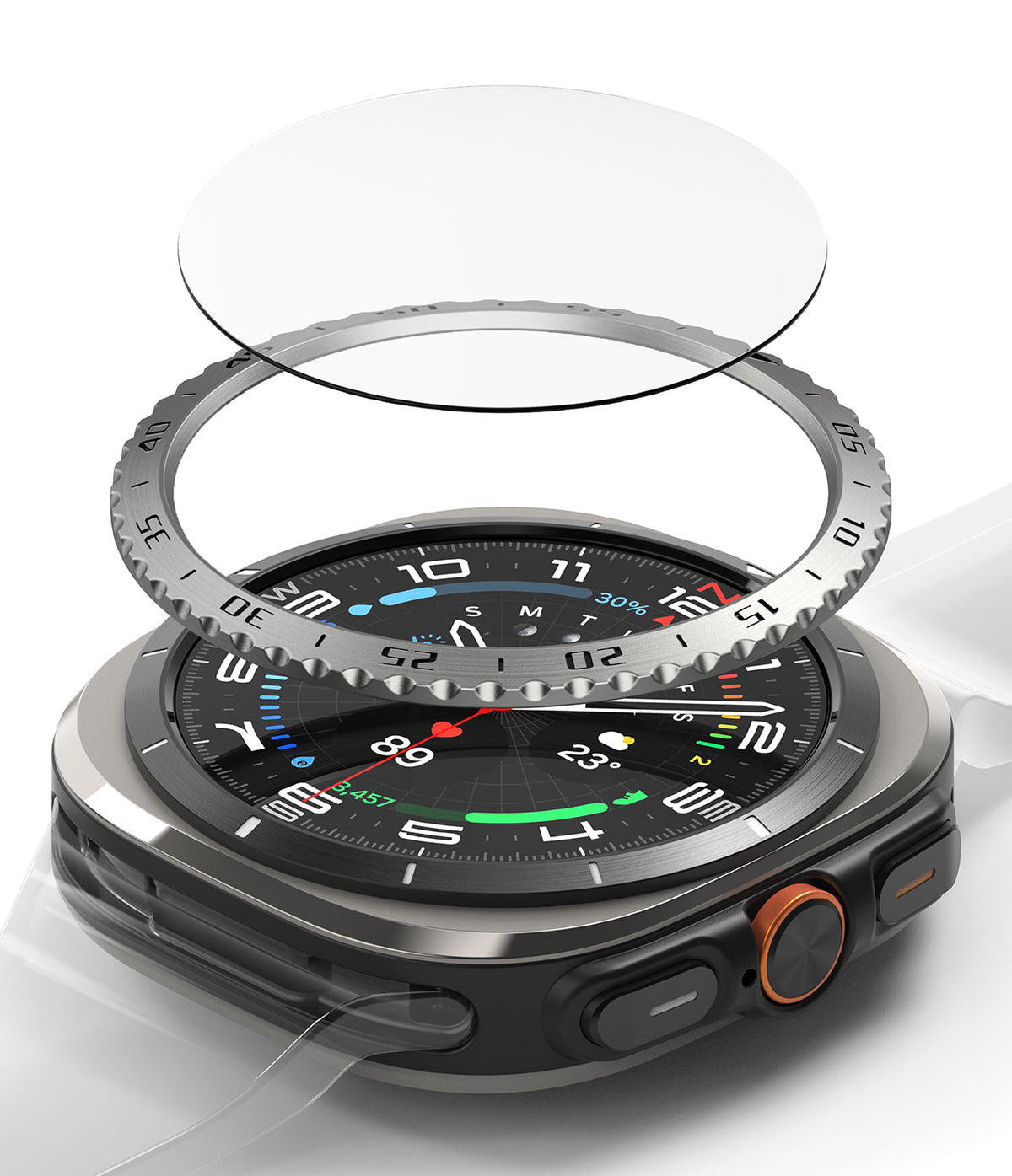 Galaxy Watch Ultra | Bezel Styling & Glass - Exploded view of a smartwatch with a metallic bezel and glass screen protector.