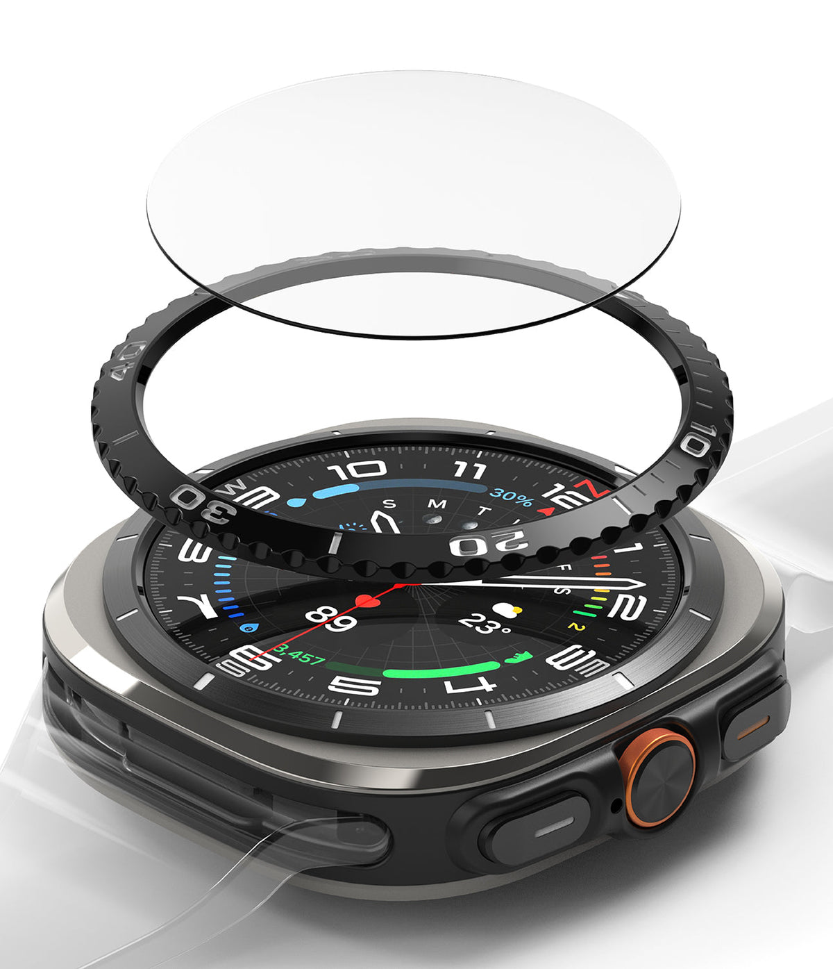 Galaxy Watch Ultra | Bezel Styling & Glass - Exploded view of a smartwatch with a protective glass and black bezel ring.