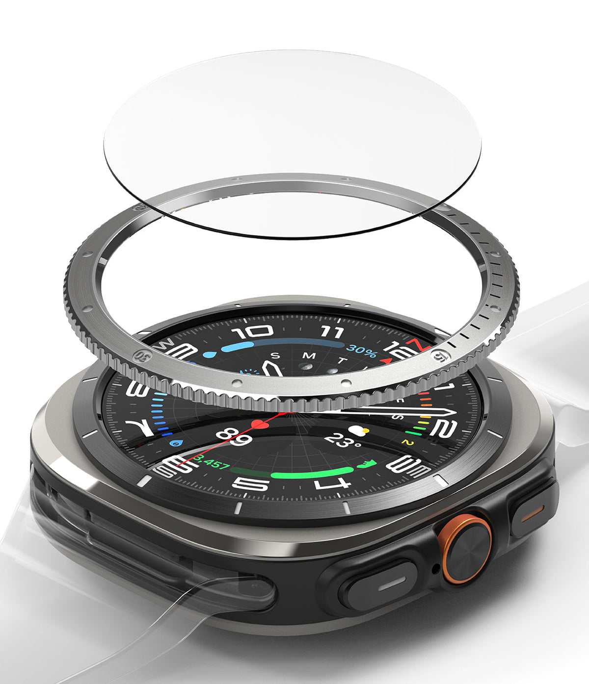 Galaxy Watch Ultra | Bezel Styling & Glass - Exploded view of a smartwatch with a protective glass layer and metal bezel ring.