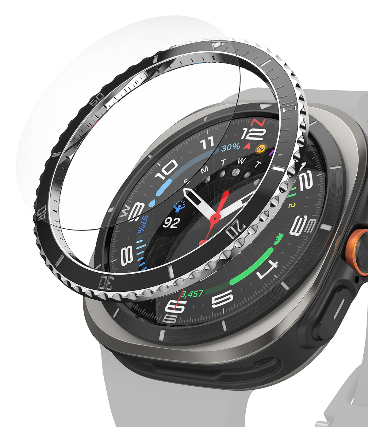 Galaxy Watch Ultra | Bezel Styling Premium & Glass - Galaxy Watch Ultra - A black metallic bezel ring hovering above a Galaxy Watch Ultra with a digital watch face.