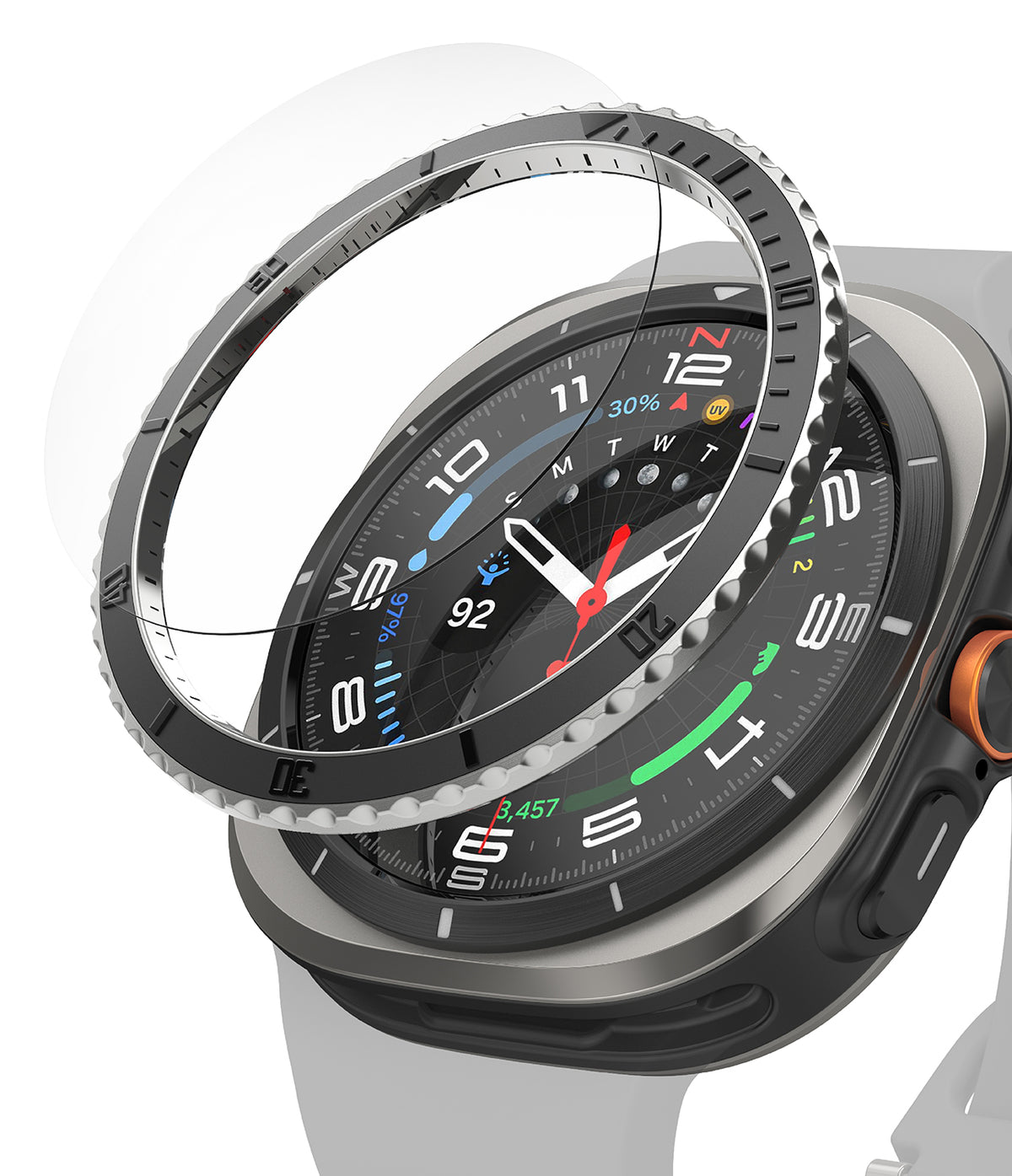 Galaxy Watch Ultra | Bezel Styling Premium & Glass - Galaxy Watch Ultra - A metallic bezel ring hovering above a smartwatch face with a protective glass screen cover.