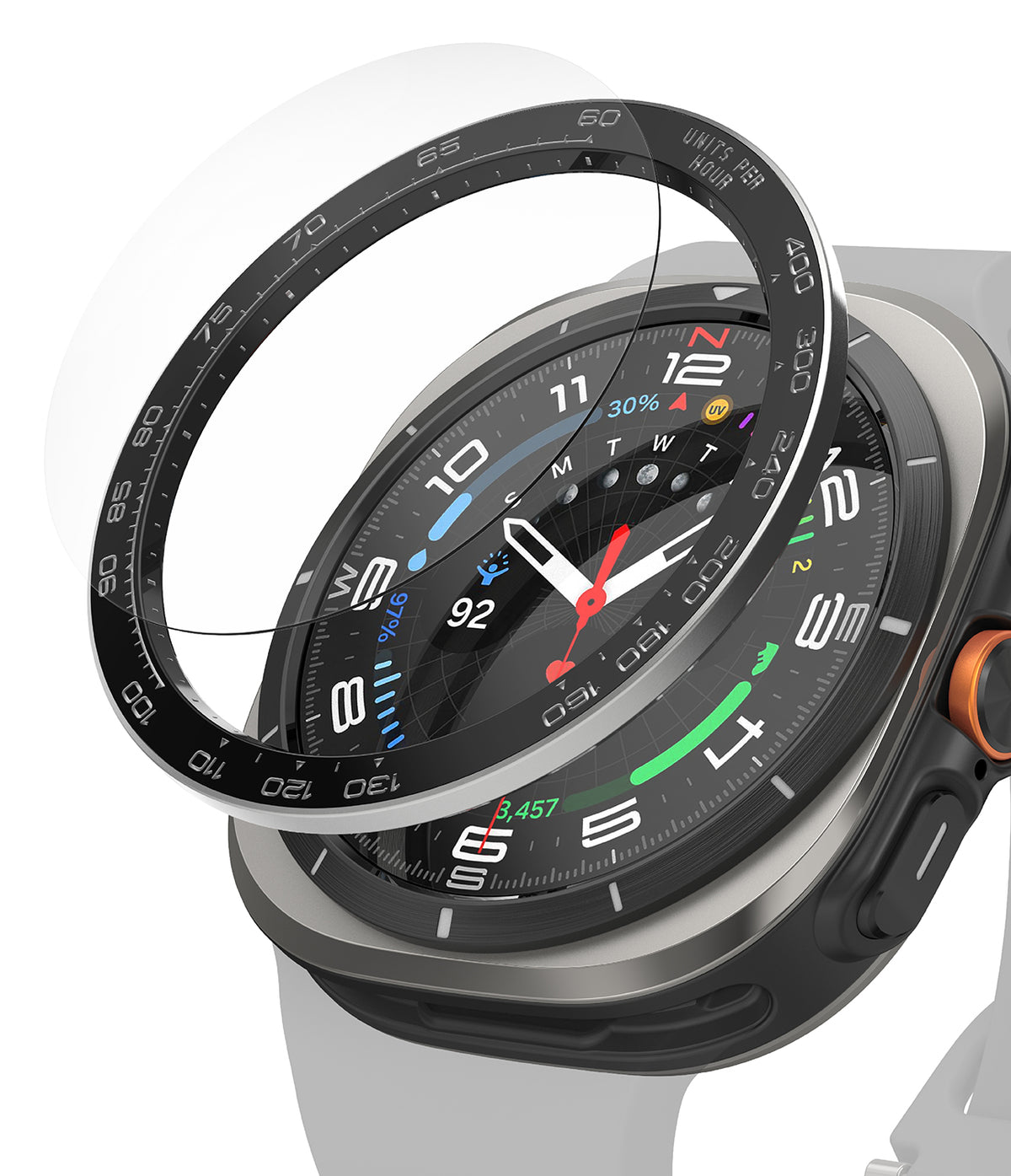 Galaxy Watch Ultra | Bezel Styling Premium & Glass - Black tachymeter bezel ring hovering above a Galaxy Watch Ultra.