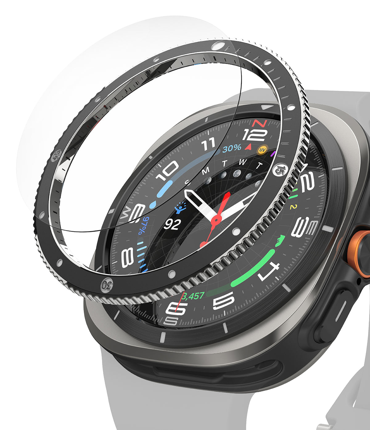 Galaxy Watch Ultra | Bezel Styling Premium & Glass - A black metal bezel ring hovering above a Galaxy Watch Ultra face.