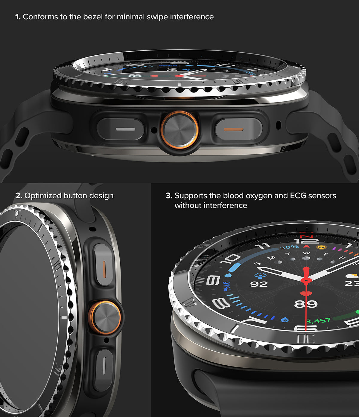 Galaxy Watch Ultra | Bezel Styling Premium & Glass - Close-up views of a metallic watch bezel on a smartwatch.