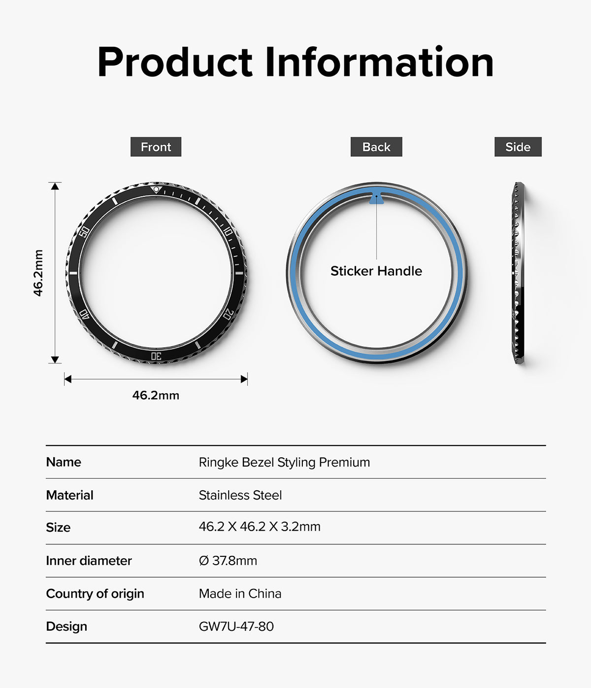 Galaxy Watch Ultra | Bezel Styling Premium & Glass - Technical diagram showing front, back, and side views with 46.2mm dimensions.