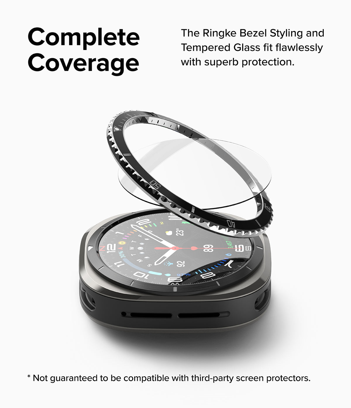 Galaxy Watch Ultra | Bezel Styling Premium & Glass - A black watch bezel and glass protector hovering above a smartwatch.