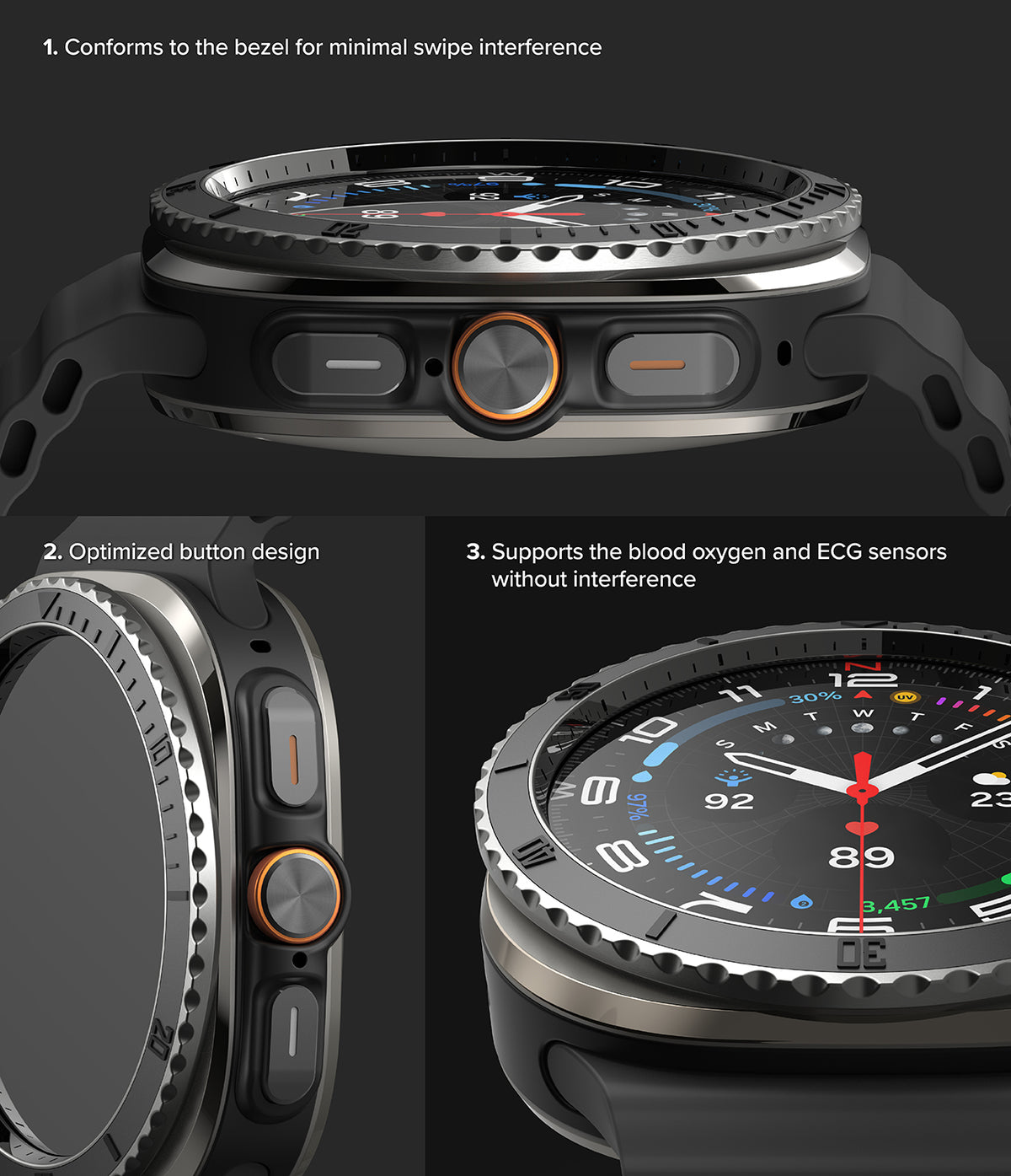 Galaxy Watch Ultra | Bezel Styling Premium & Glass - Close-up views of a smartwatch bezel, side buttons, and watch face.