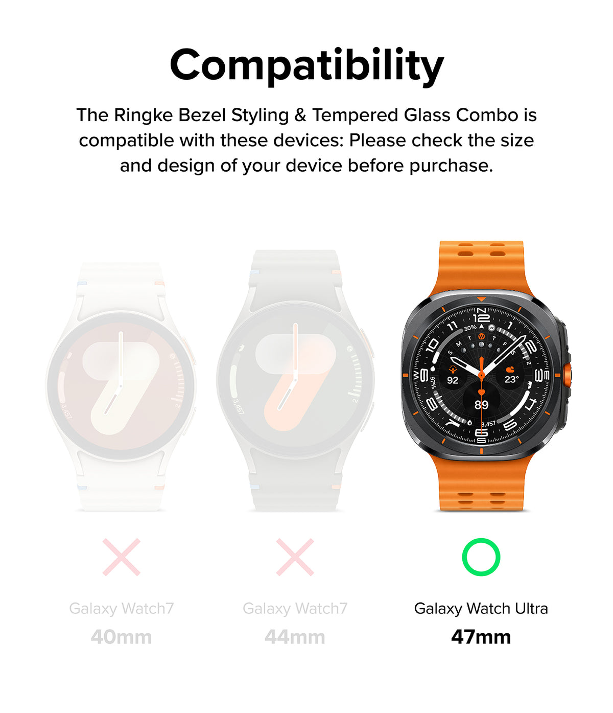 Galaxy Watch Ultra | Bezel Styling Premium & Glass - Compatibility chart showing Galaxy Watch Ultra 47mm is supported.