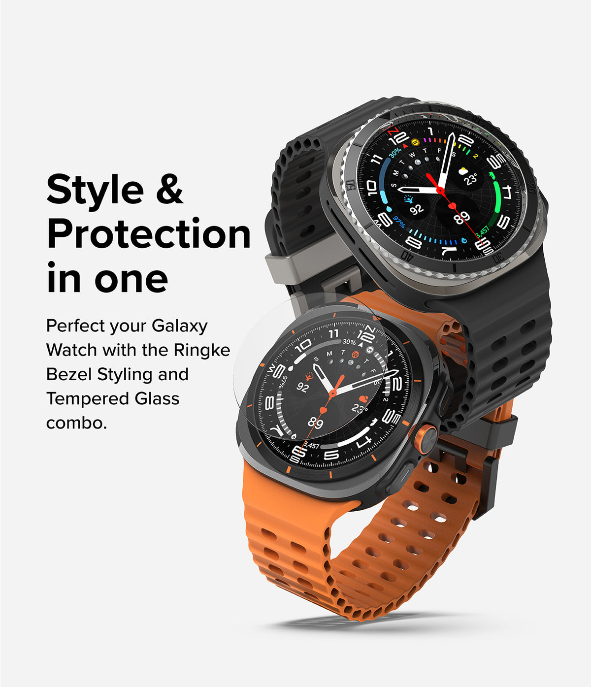 Galaxy Watch Ultra | Bezel Styling Premium & Glass - Two Galaxy Watch Ultra units with protective bezels and glass.