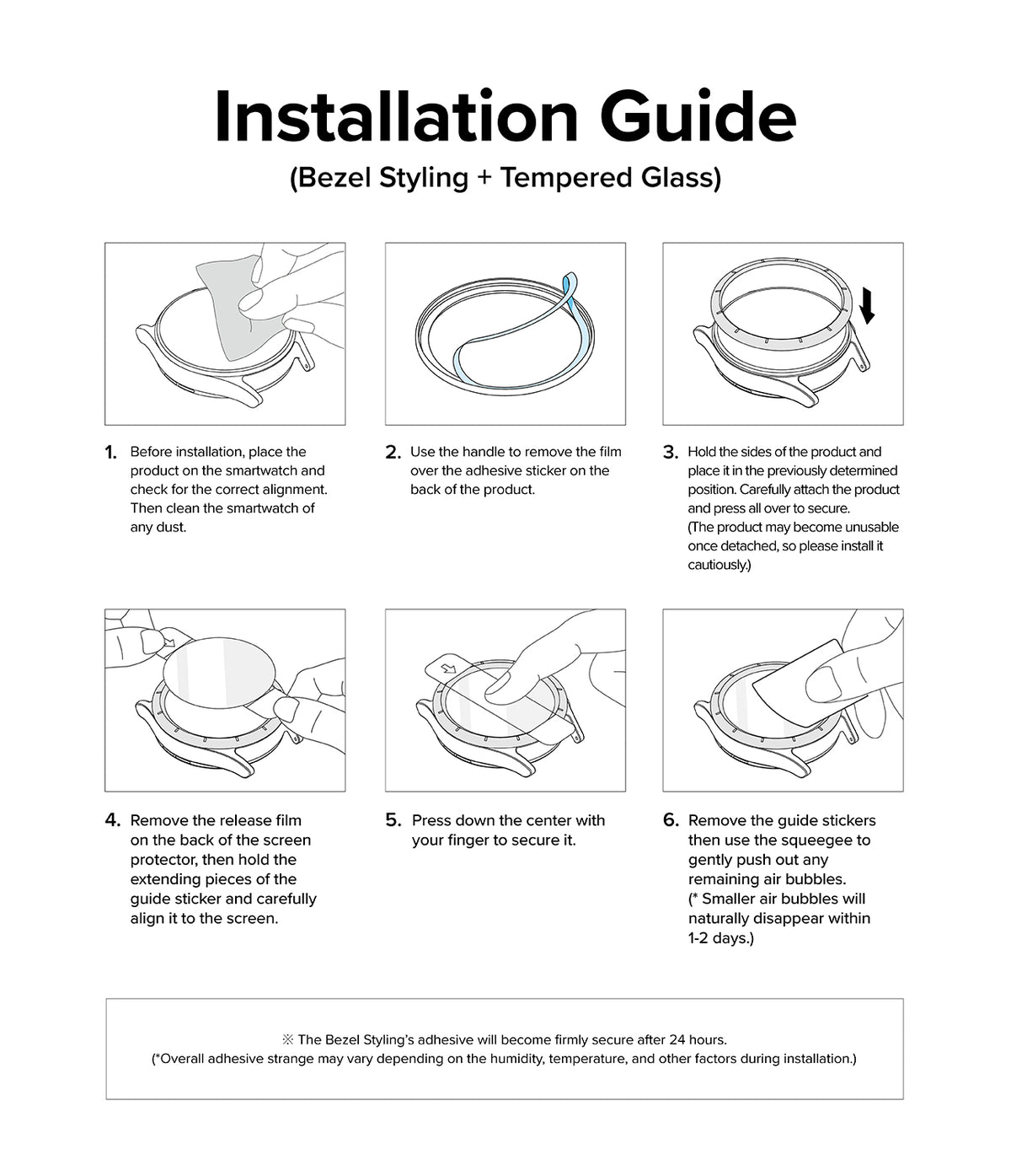 Galaxy Watch Ultra | Bezel Styling Premium & Glass - Six-step illustrated guide for installing a watch bezel and screen.