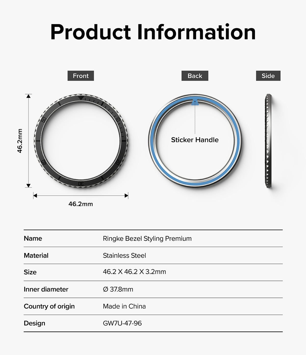 Galaxy Watch Ultra | Bezel Styling Premium & Glass - Technical diagram showing front, back, and side views of the bezel.