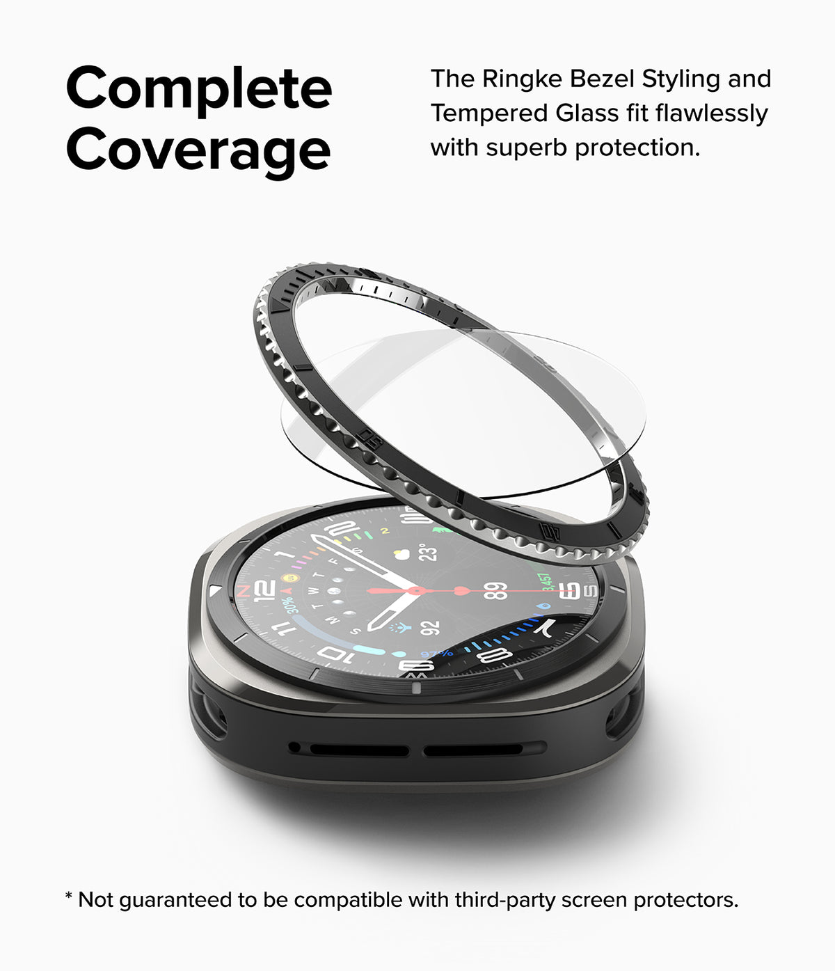 Galaxy Watch Ultra | Bezel Styling Premium & Glass - Metal bezel ring and glass protector hovering above a smartwatch.