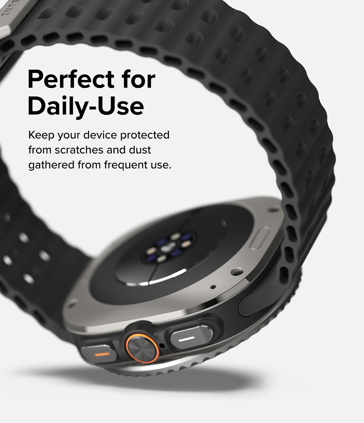 Galaxy Watch Ultra | Bezel Styling Premium & Glass - Galaxy Watch Ultra - Close-up of the watch side buttons and textured black strap with text about daily protection.