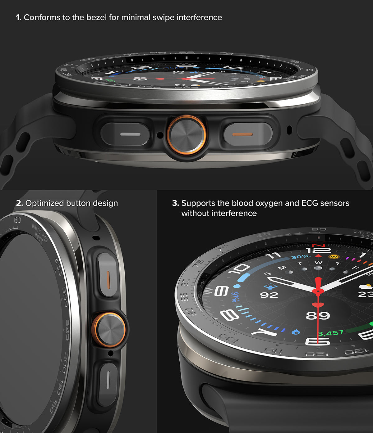 Galaxy Watch Ultra | Bezel Styling Premium & Glass - Galaxy Watch Ultra - Close-up views of watch bezel, buttons, and sensor integration on a black smartwatch.