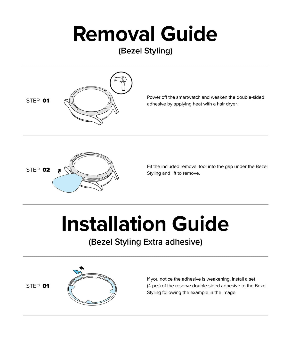 Galaxy Watch Ultra | Bezel Styling Premium & Glass - Infographic showing steps to remove and install watch bezel adhesive.