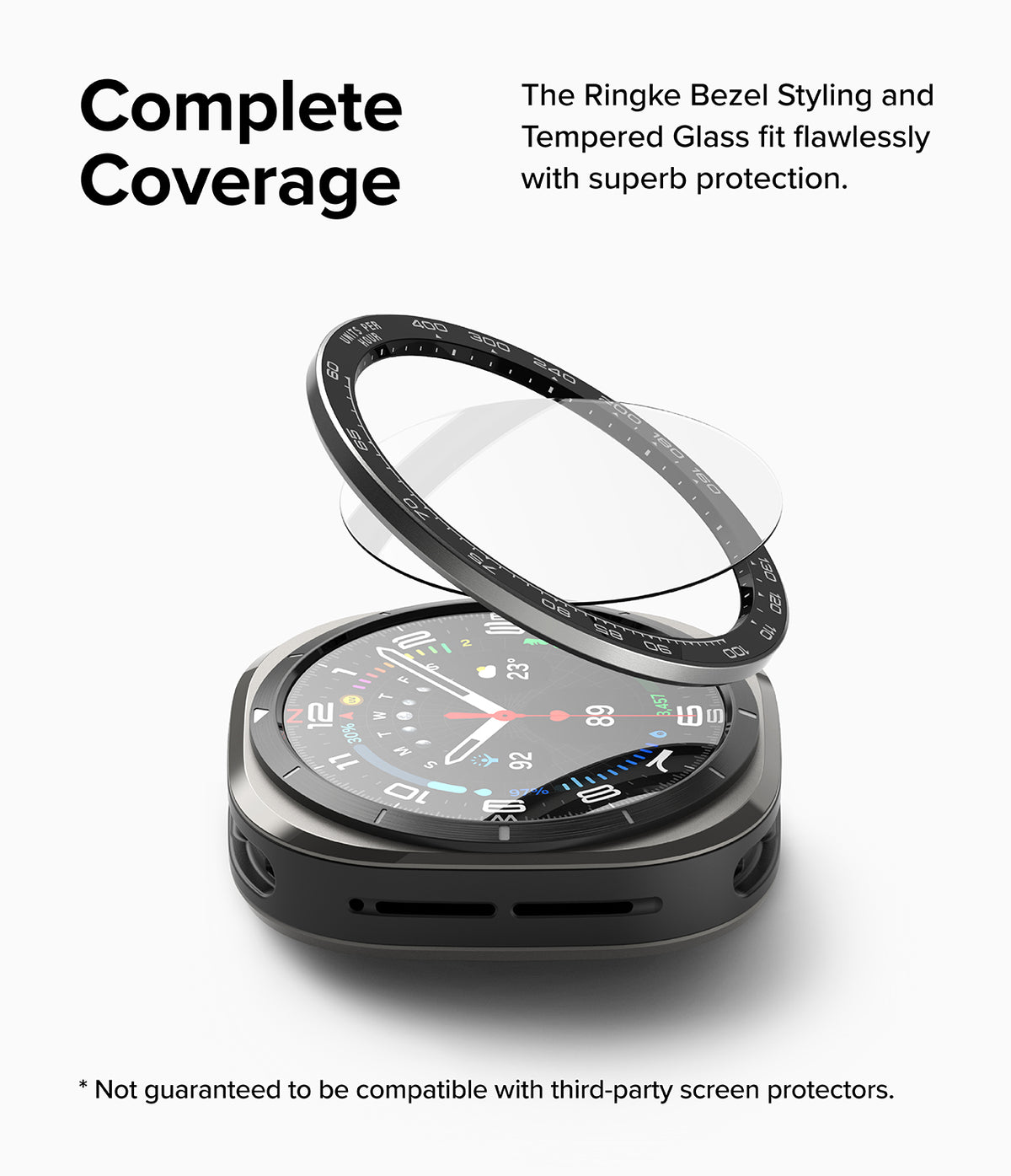 Galaxy Watch Ultra | Bezel Styling Premium & Glass - Black bezel ring and glass protector hovering above a smartwatch.