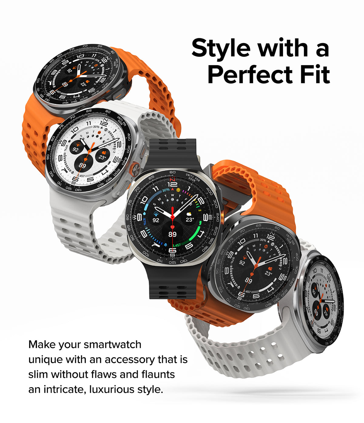 Galaxy Watch Ultra | Bezel Styling Premium & Glass - Four Galaxy Watch Ultra smartwatches with varied bands and bezels.