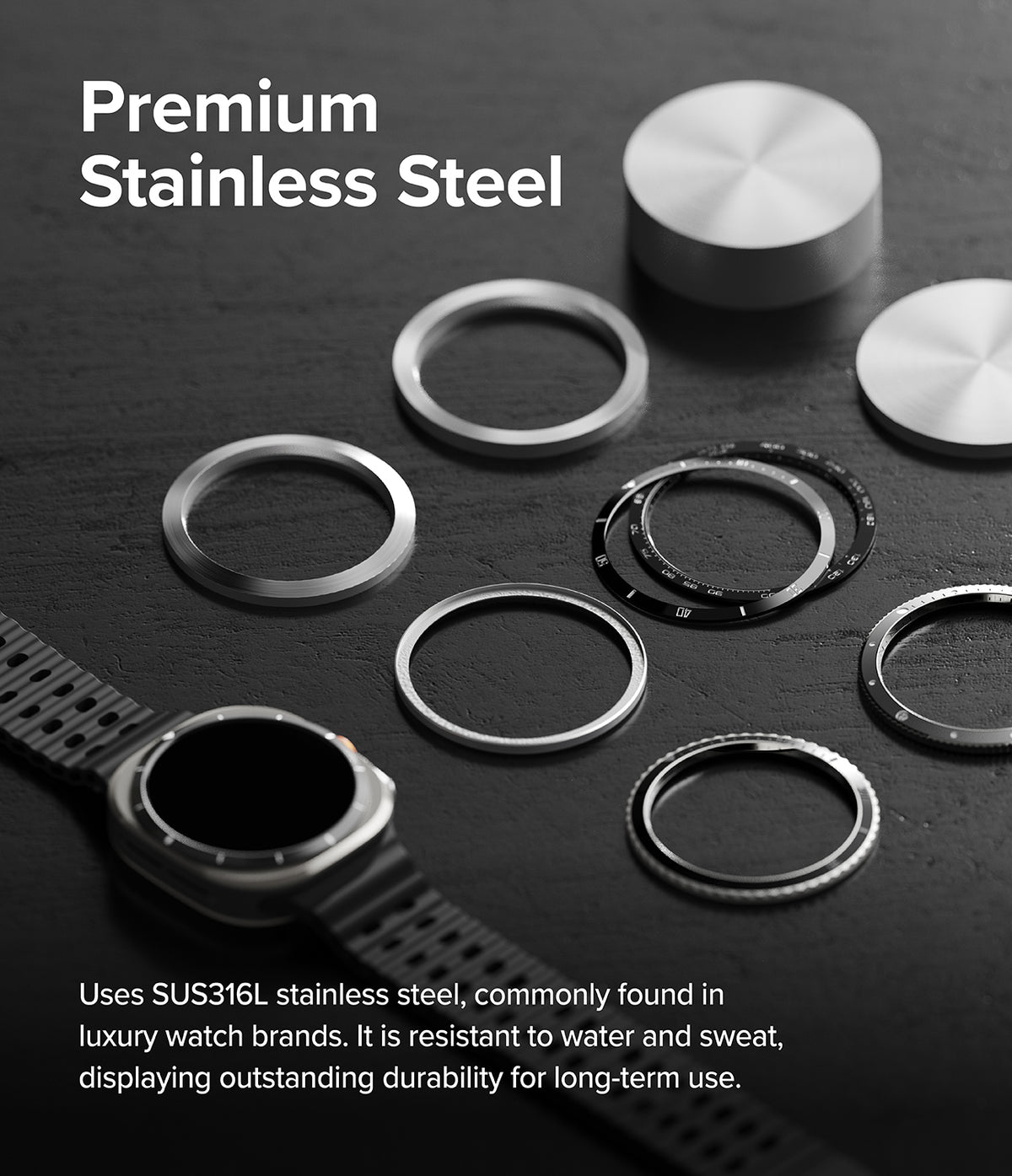 Galaxy Watch Ultra | Bezel Styling Premium & Glass - Stainless steel watch bezels arranged on a dark surface near a watch.