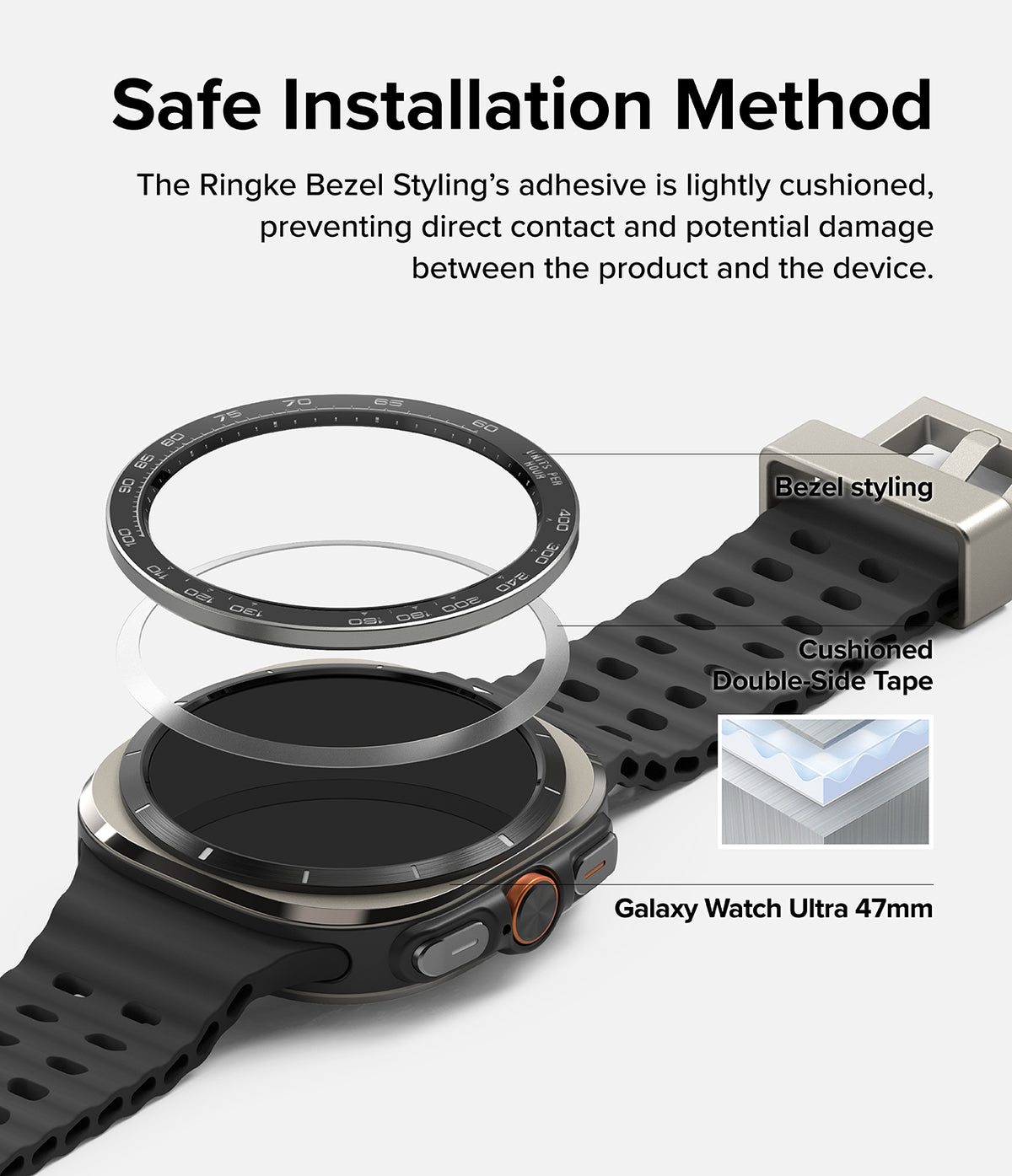 Galaxy Watch Ultra | Bezel Styling Premium & Glass - Exploded view showing bezel styling and adhesive tape on a watch.