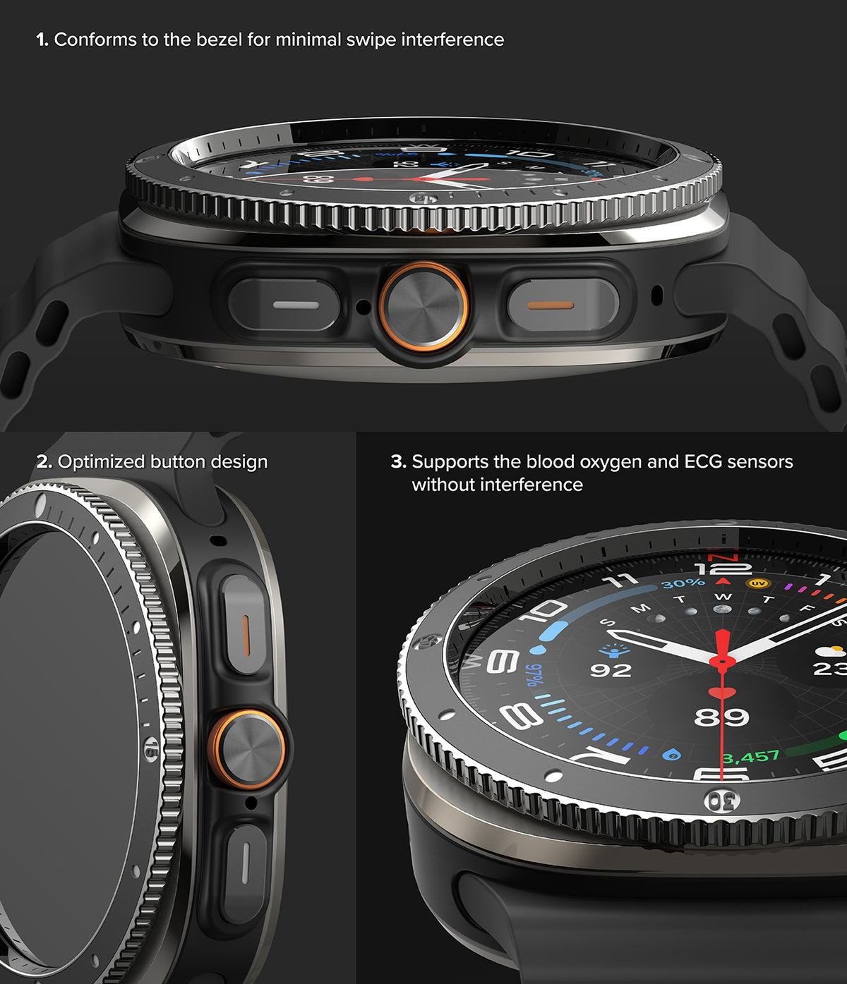 Galaxy Watch Ultra | Bezel Styling Premium & Glass - Galaxy Watch Ultra - Three close-up views showing the bezel styling, optimized side buttons, and sensor compatibility.