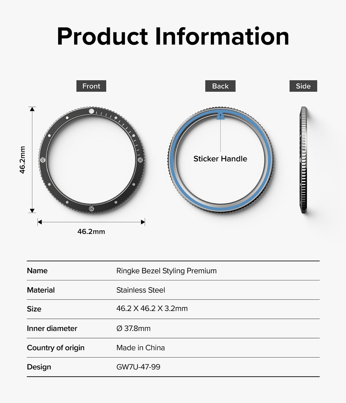 Galaxy Watch Ultra | Bezel Styling Premium & Glass - Technical diagram showing front, back, and side views of the bezel.