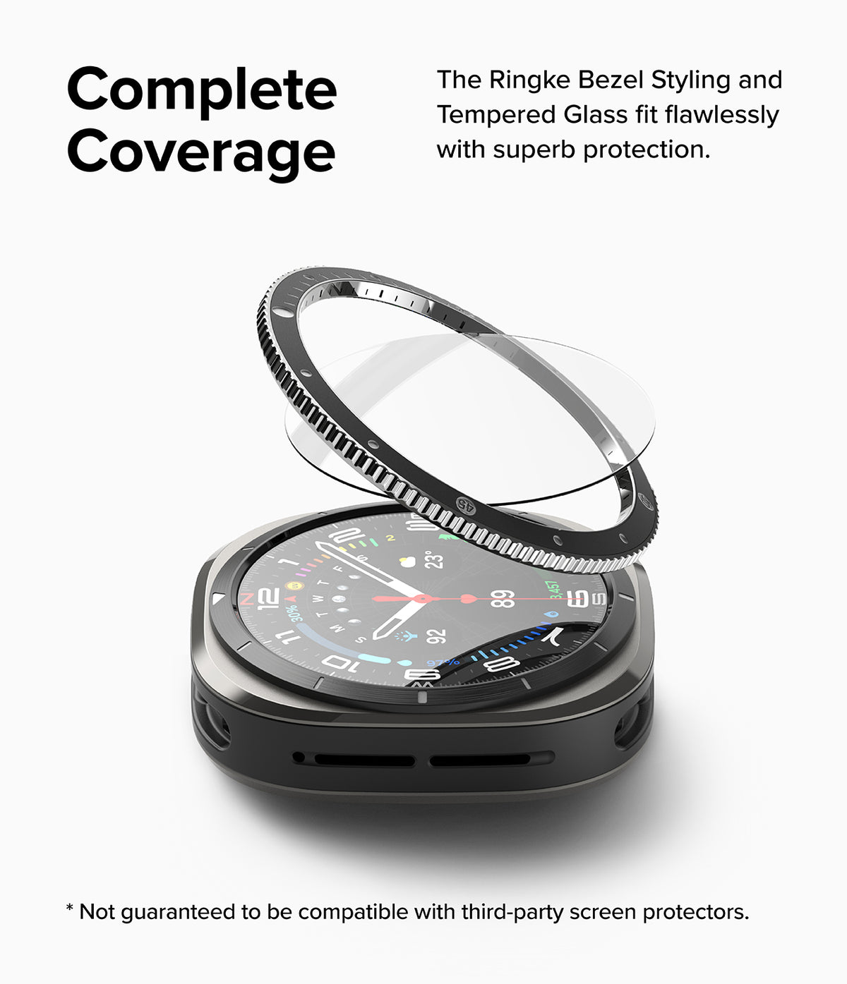 Galaxy Watch Ultra | Bezel Styling Premium & Glass - A black watch bezel and glass protector hovering above a smartwatch.