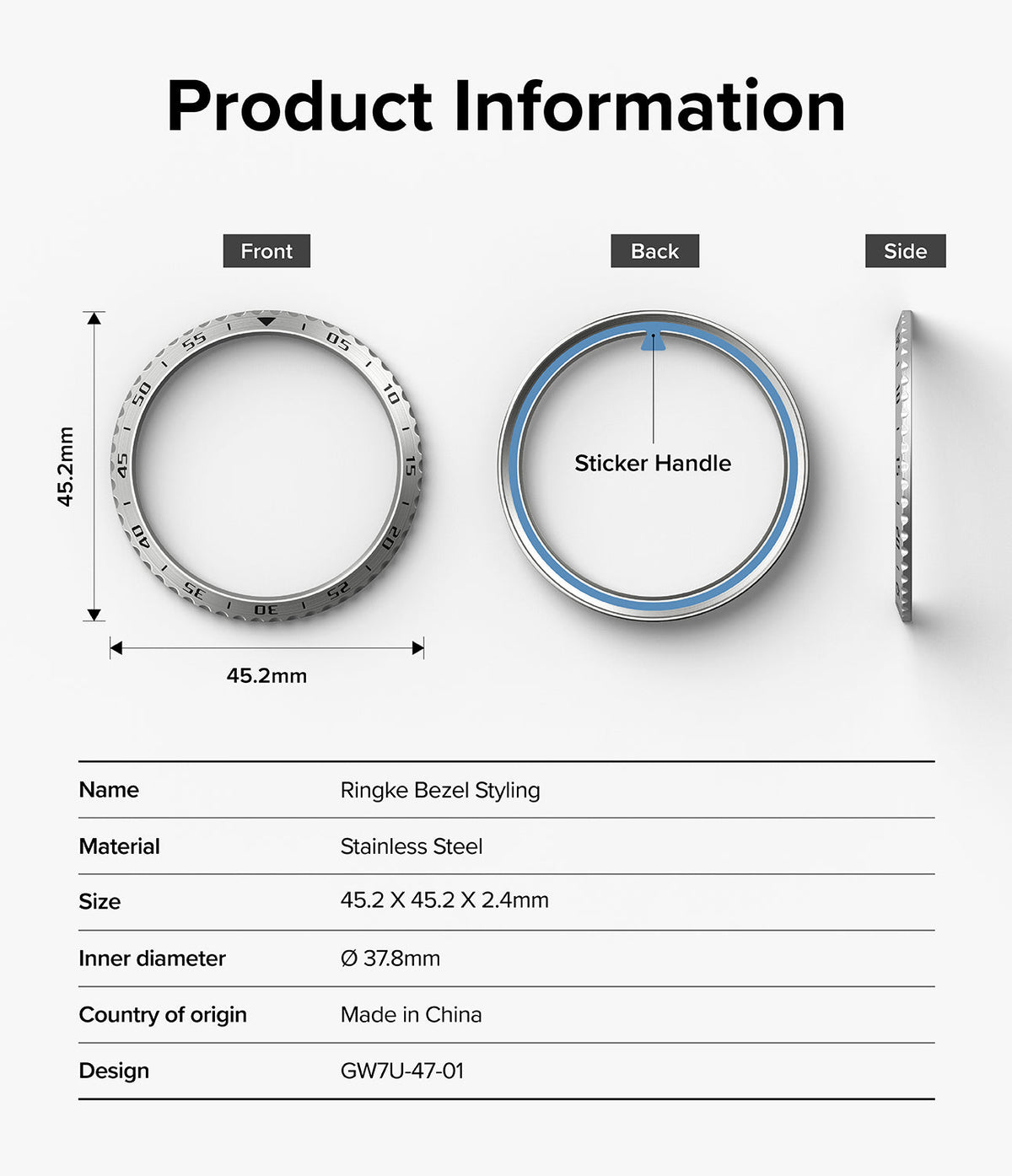 Galaxy Watch Ultra | Bezel Styling & Glass - Technical diagram showing front, back, and side views of a stainless steel bezel.