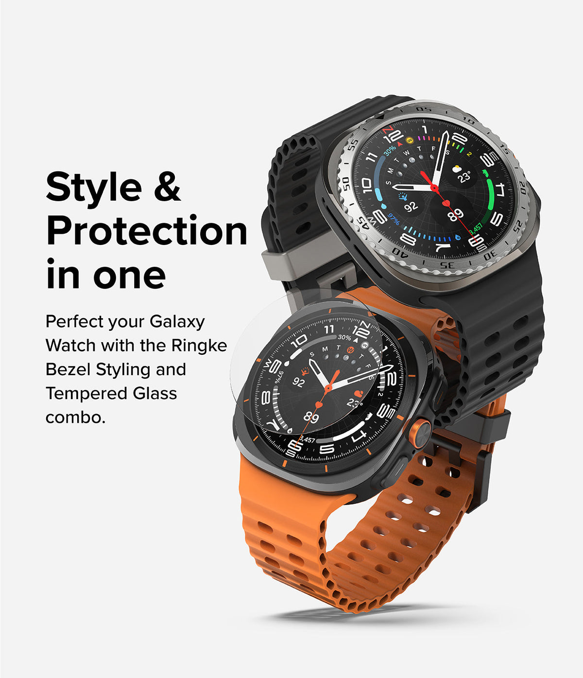 Galaxy Watch Ultra | Bezel Styling & Glass - Two Galaxy Watch Ultra units with protective bezels and glass screen covers.