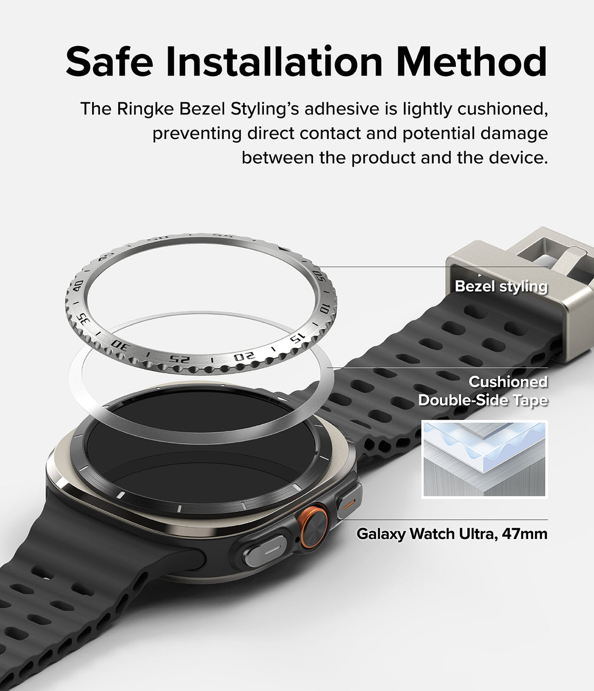 Galaxy Watch Ultra | Bezel Styling & Glass - Exploded view showing bezel styling, adhesive tape, and Galaxy Watch Ultra.