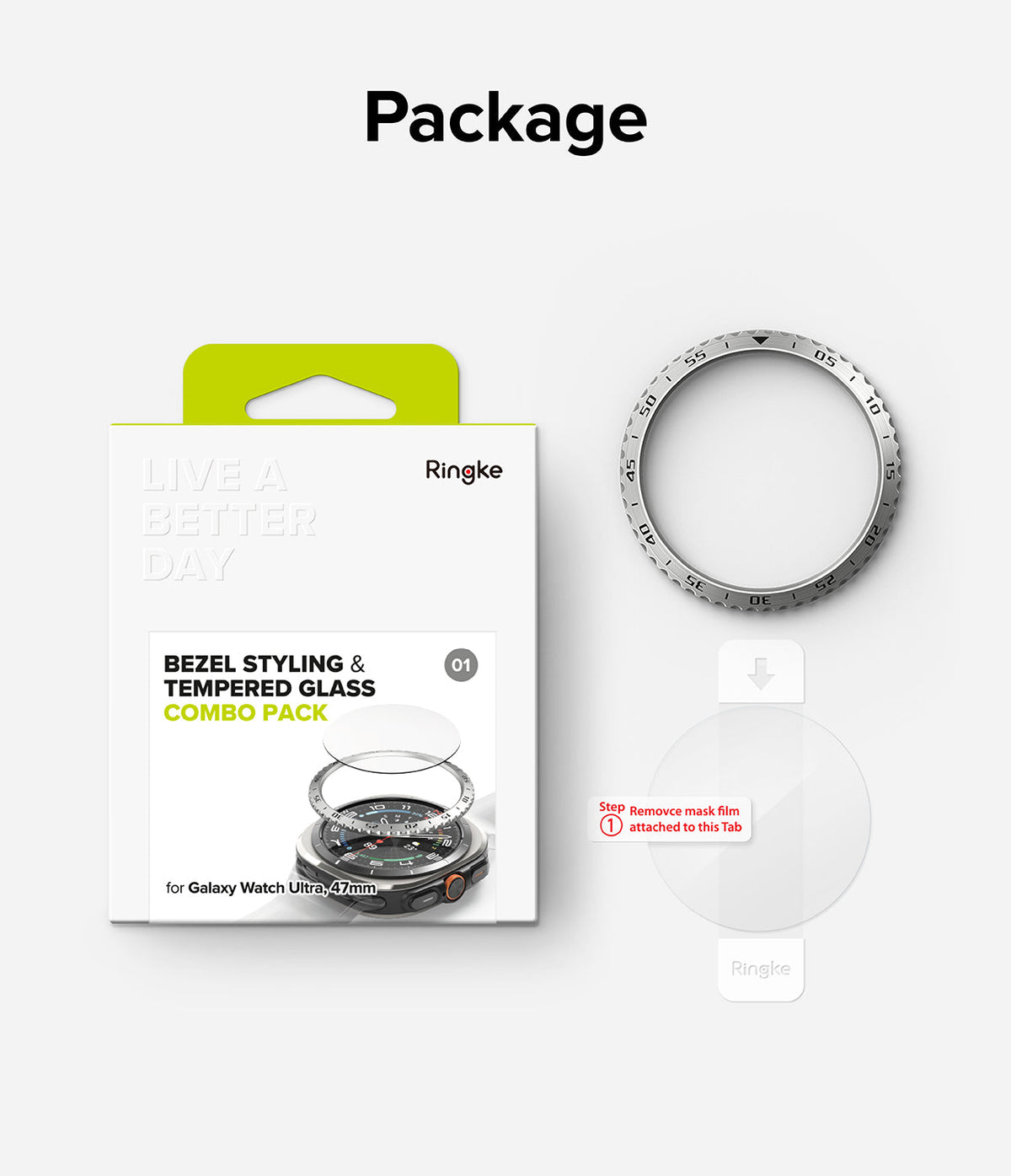 Galaxy Watch Ultra | Bezel Styling & Glass - Ringke combo pack with silver watch bezel and tempered glass screen protector.