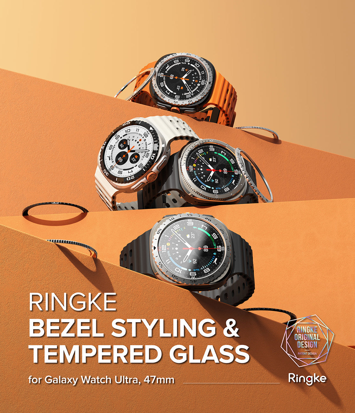 Galaxy Watch Ultra | Bezel Styling & Glass - Four Galaxy Watch Ultra units with various bezel styles on orange platforms.