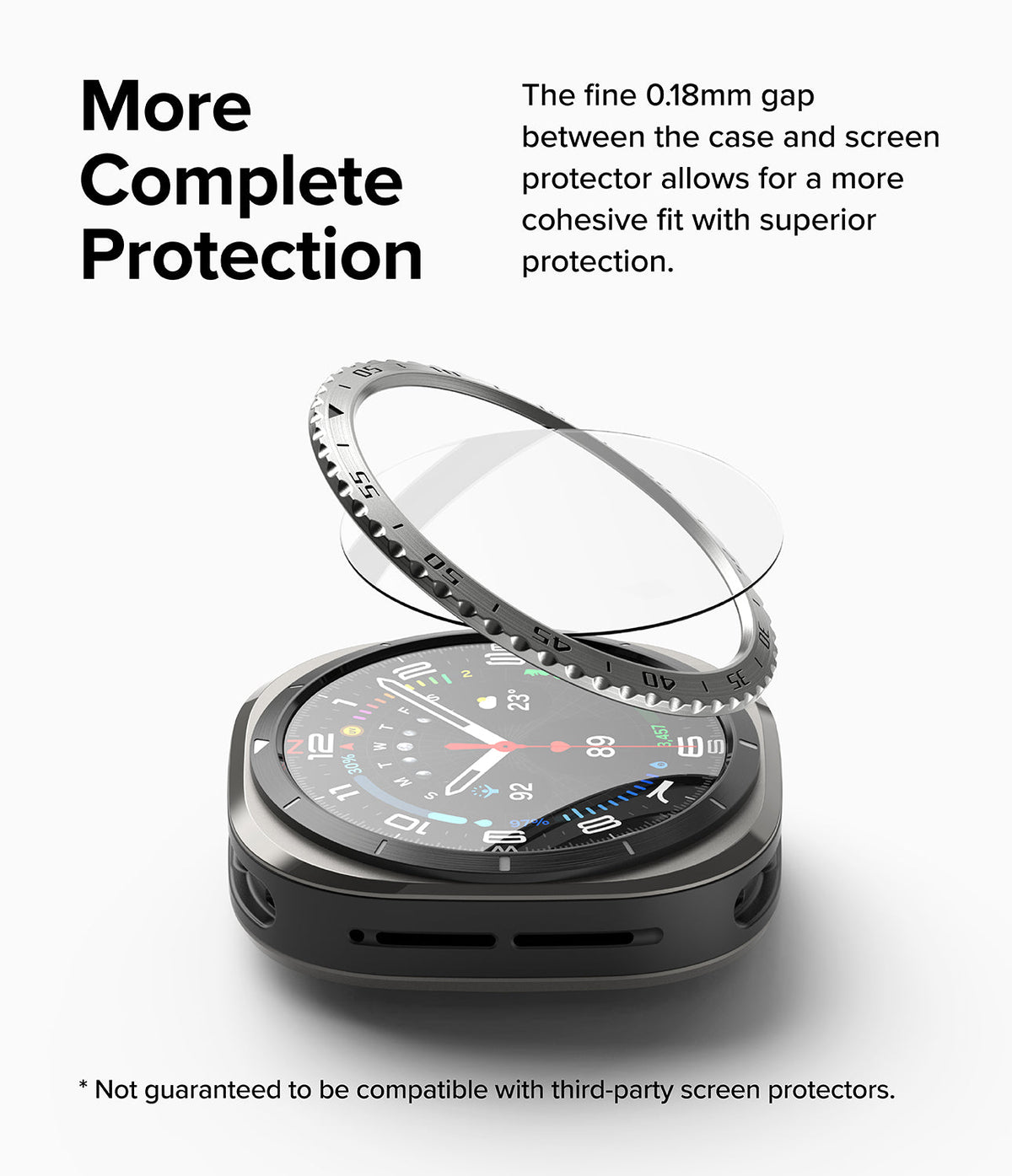 Galaxy Watch Ultra | Bezel Styling & Glass - Exploded view of a smartwatch with a protective bezel and glass screen cover.