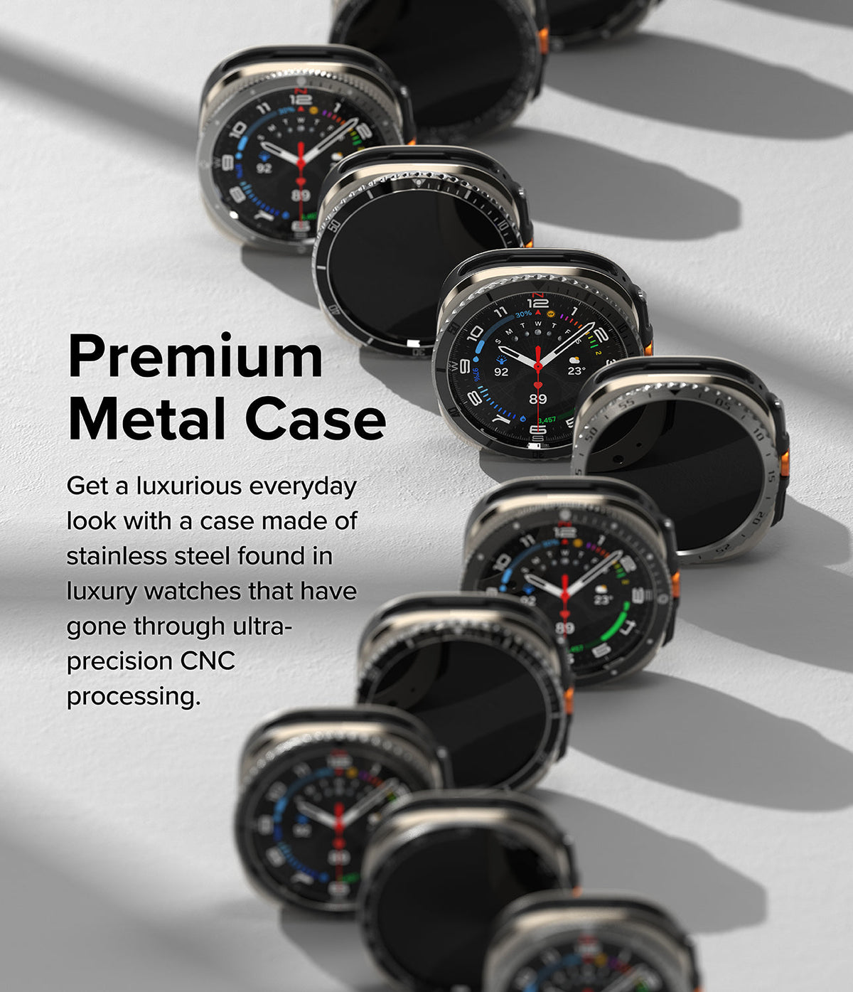 Galaxy Watch Ultra | Bezel Styling & Glass - Multiple Galaxy Watch Ultra units arranged in a line showing stainless steel bezels.