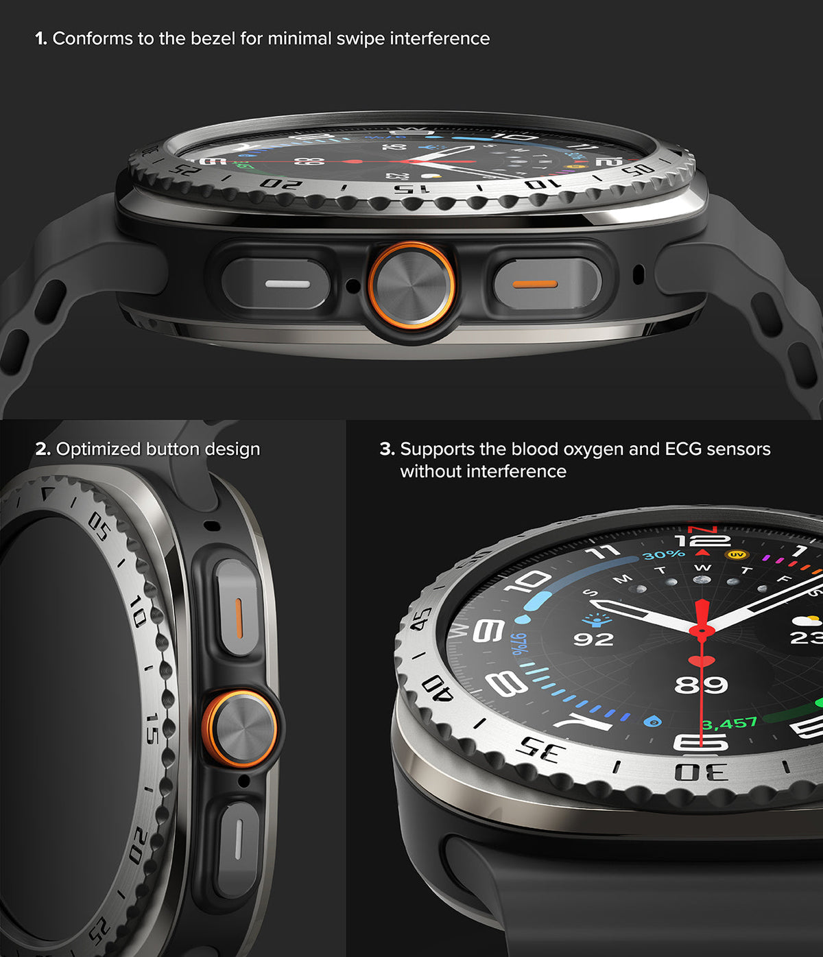 Galaxy Watch Ultra | Bezel Styling & Glass - Close-up views of a smartwatch bezel, side buttons, and sensor compatibility.