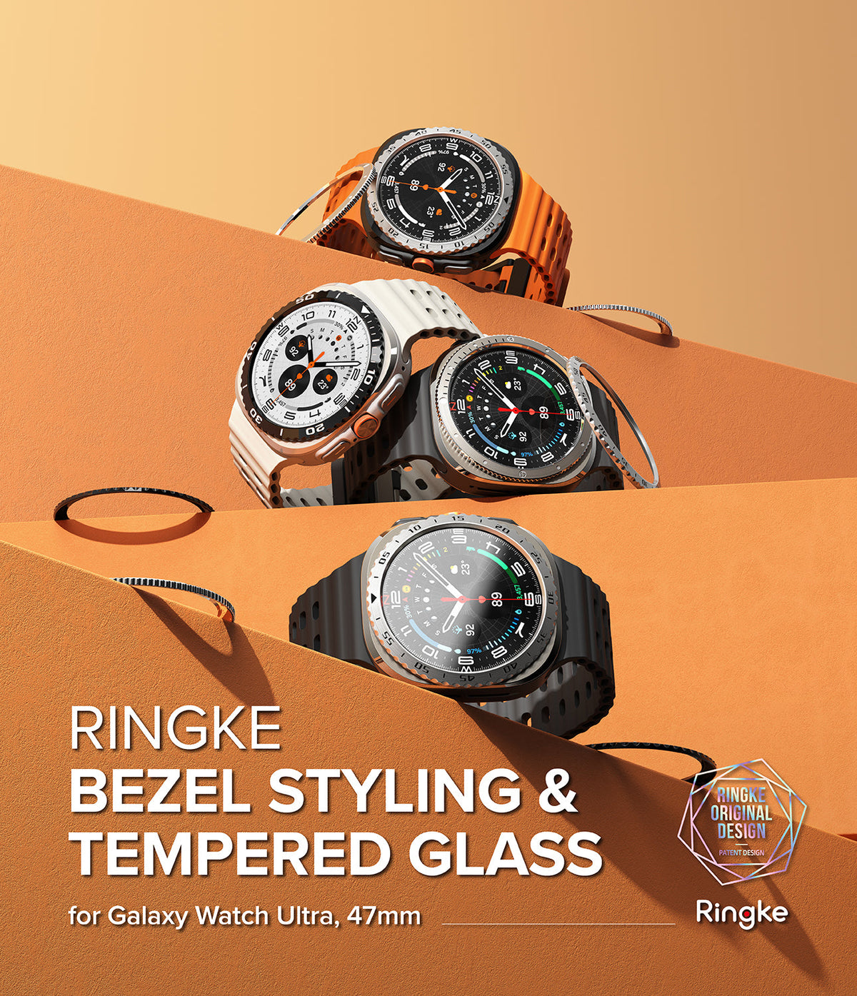 Galaxy Watch Ultra | Bezel Styling & Glass - Four Galaxy Watch Ultra units with various metallic bezel covers on orange steps.