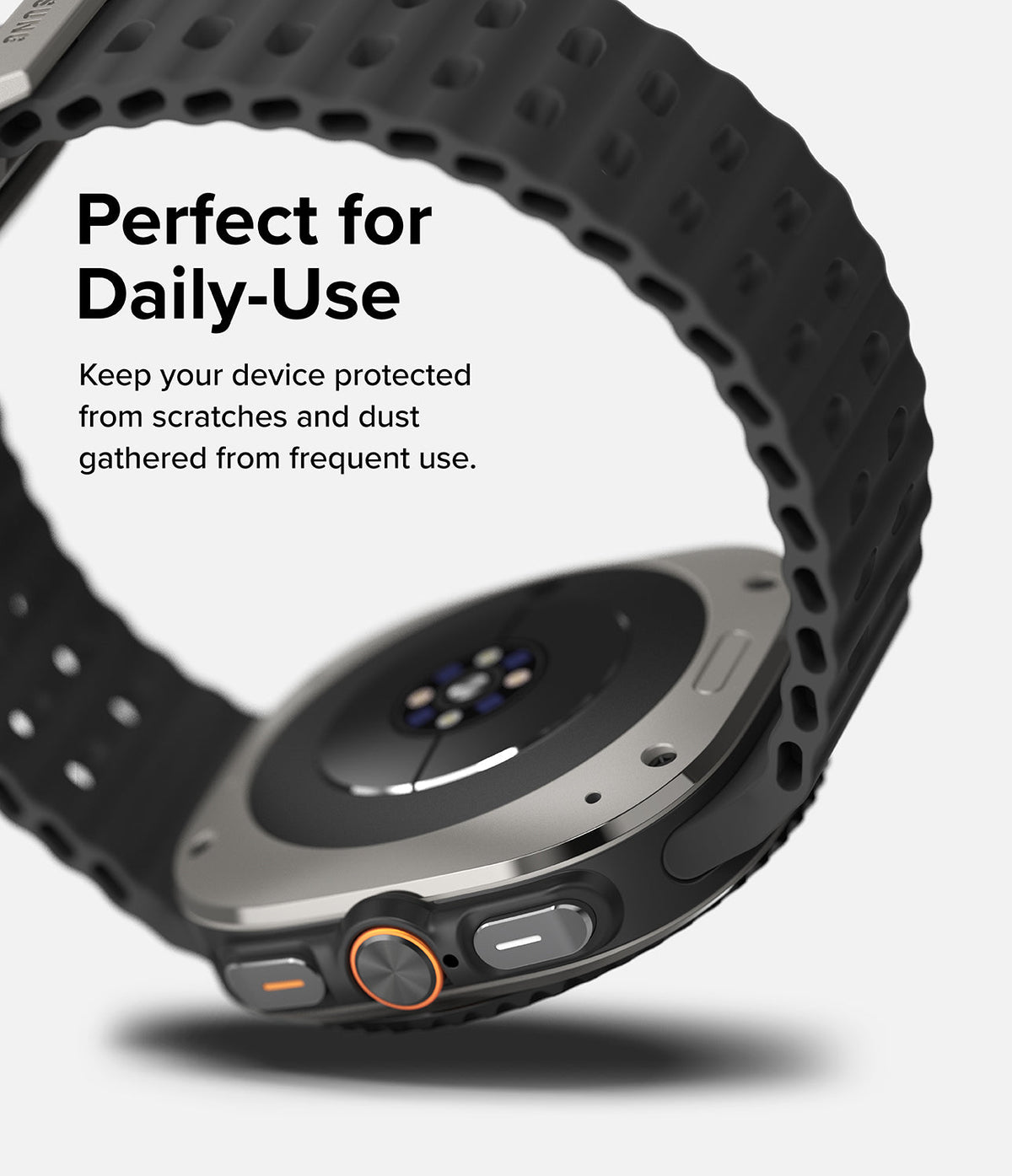 Galaxy Watch Ultra | Bezel Styling & Glass - Galaxy Watch Ultra - Close-up of the watch back and side buttons with a black textured strap against a white background.