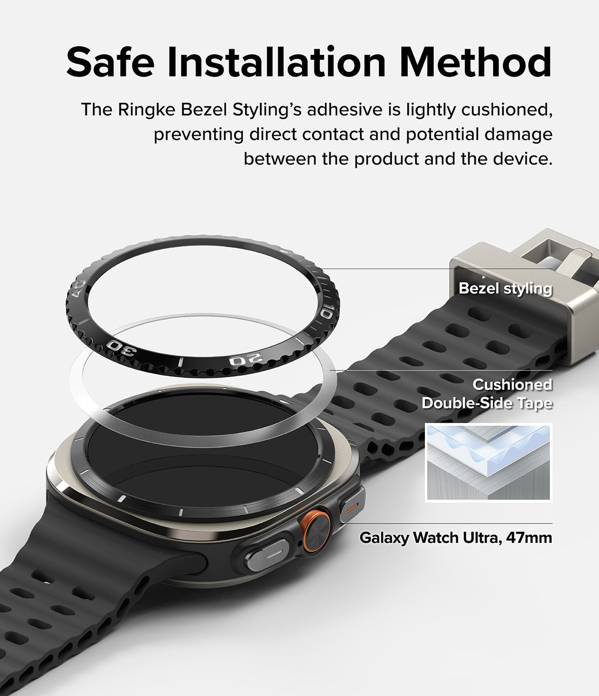 Galaxy Watch Ultra | Bezel Styling & Glass - Exploded view showing bezel styling, adhesive tape, and watch face.