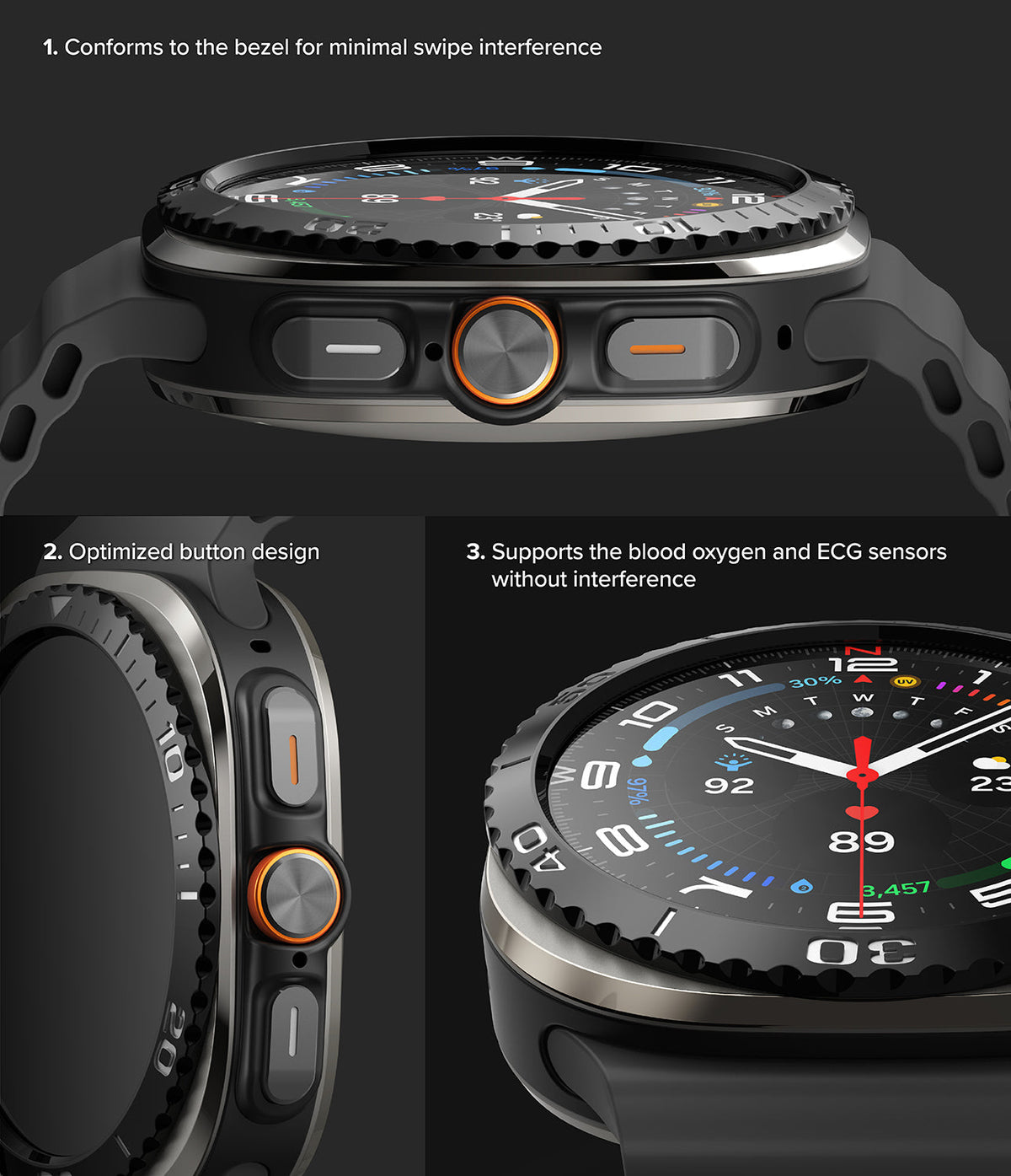 Galaxy Watch Ultra | Bezel Styling & Glass - Close-up views of a smartwatch bezel, side buttons, and sensor compatibility.