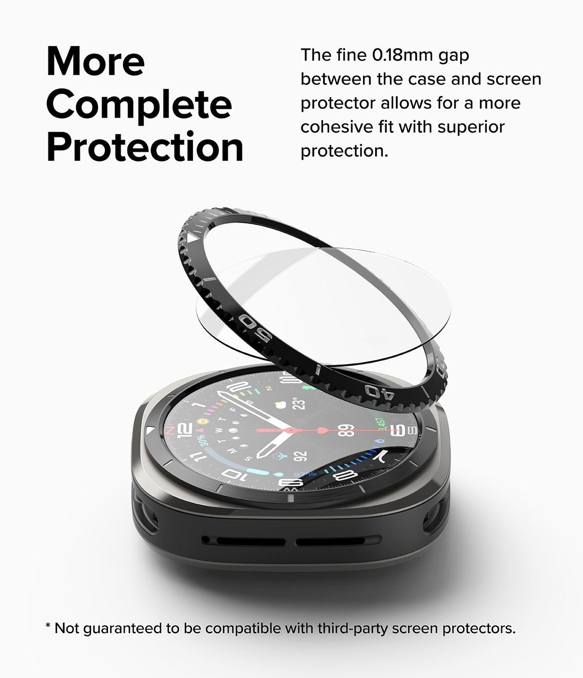 Galaxy Watch Ultra | Bezel Styling & Glass - Exploded view of a smartwatch with a protective bezel and glass screen cover.